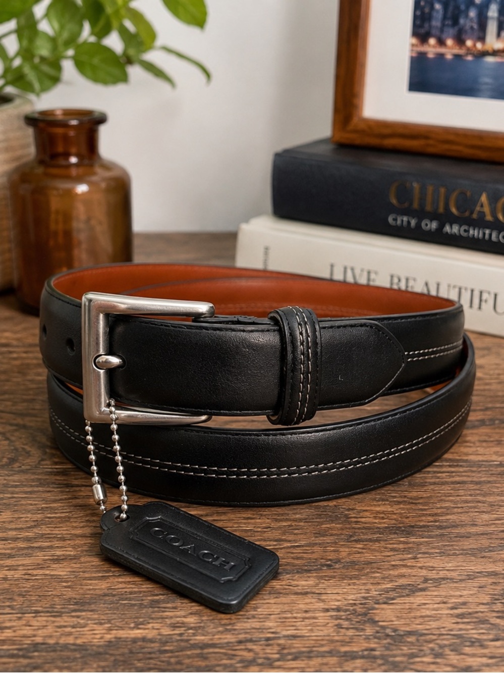 Coach Men’s Black Leather Dress Belt Silver Buckle Italy Size 38” 95cm